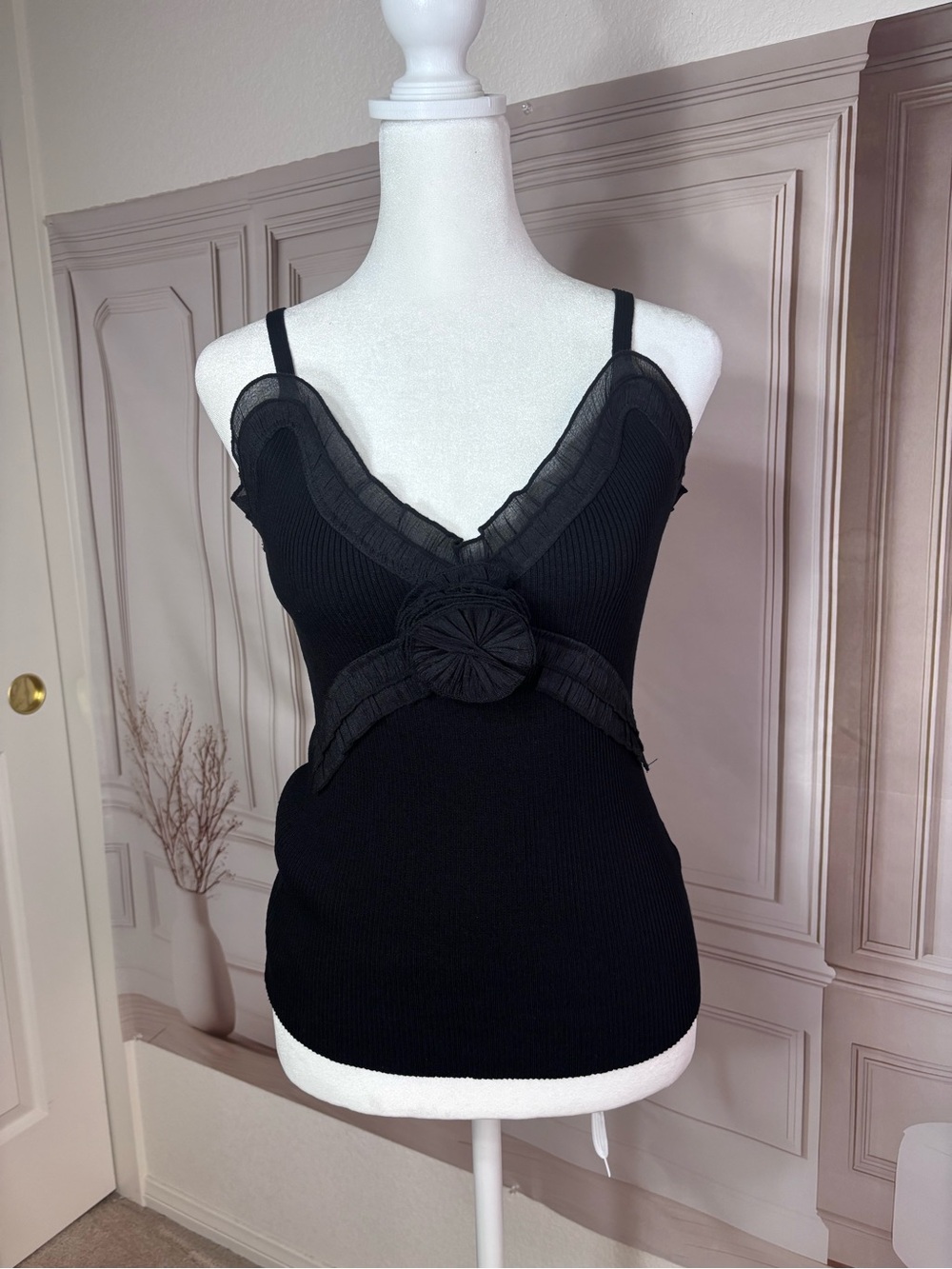 Easel Black V-Neck Ruffle Trim Top